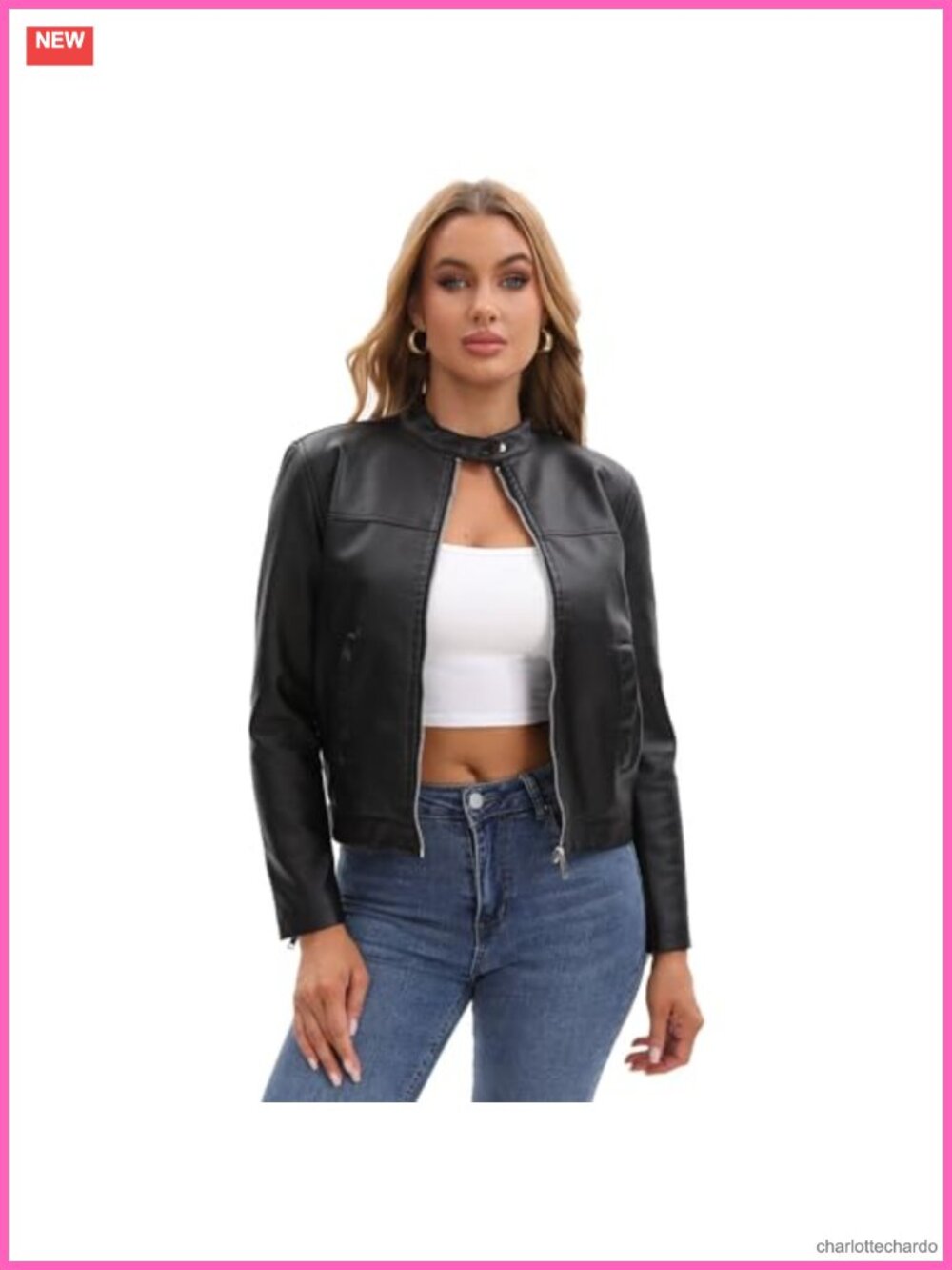 Faux Leather Motorcycle Jacket Zip-Up Biker Casual Coat with Pockets